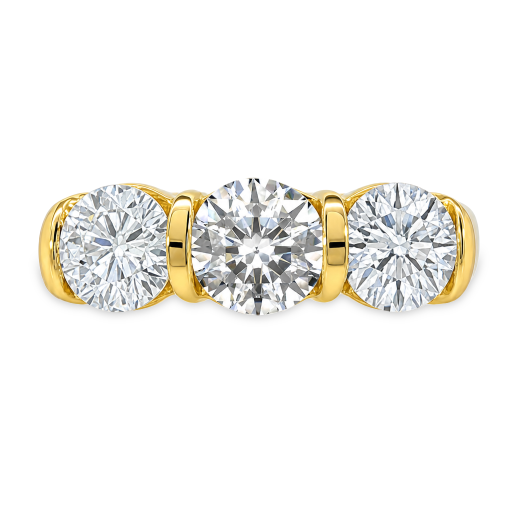 Yellow gold ring with three round diamonds, set on a white background 