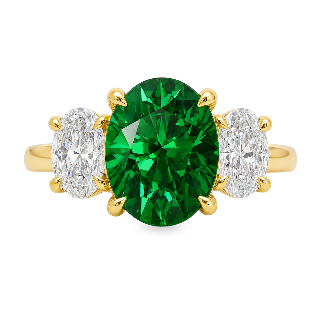 14K Yellow gold three stone ring set with an oval green emerald center accented by two oval diamonds 