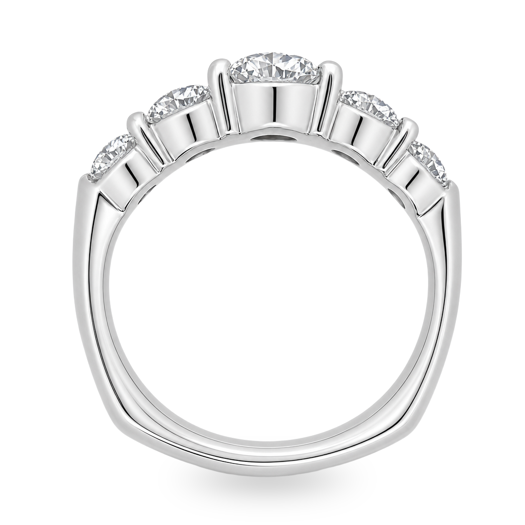 A five-stone diamond ring in a white gold band, featuring a large round center diamond flanked by four smaller round diamonds on each side, set against a plain white background.