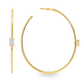 A pair of gold hoop earrings with a single rectangular baguette diamond in a prong setting on each earring, shown against a plain white background.