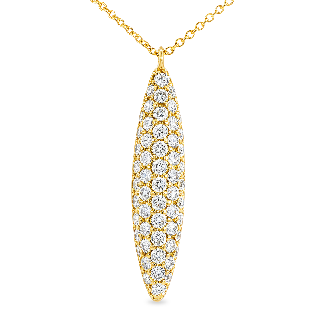Yellow gold long bar pendant pave set with round brilliant diamonds. Shown on a clean white background.