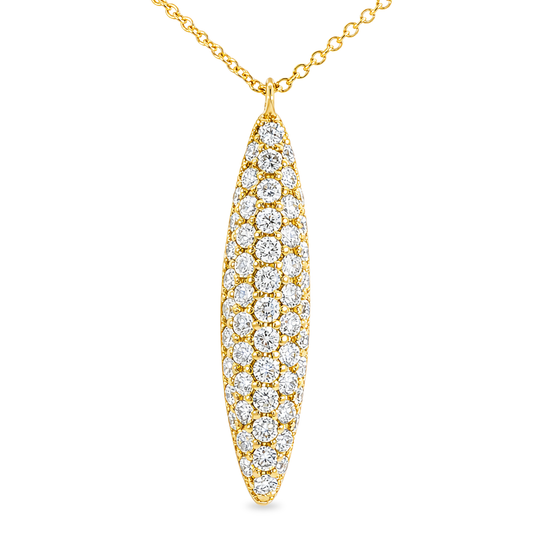 Yellow gold long bar pendant pave set with round brilliant diamonds. Shown on a clean white background.