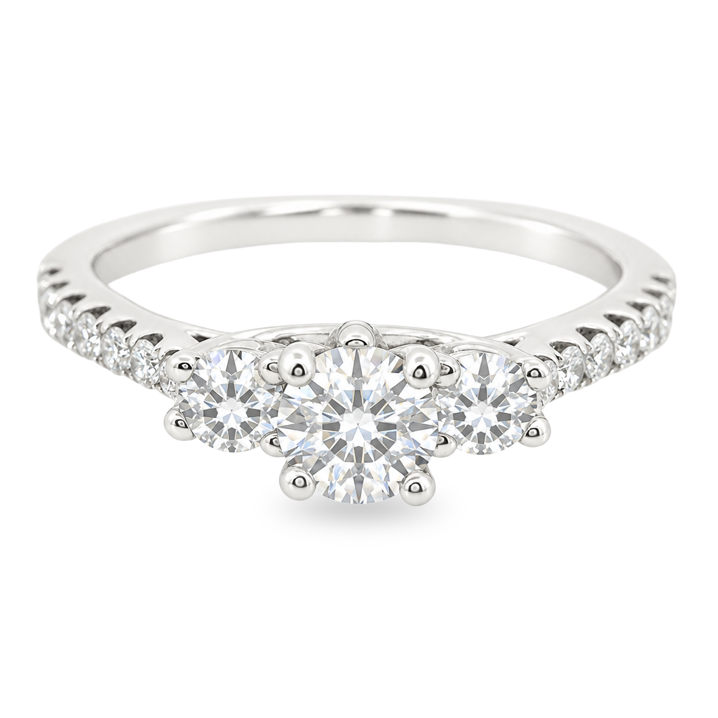 White gold right with three round diamonds set on a diamond band. Shown on a clean white background. 