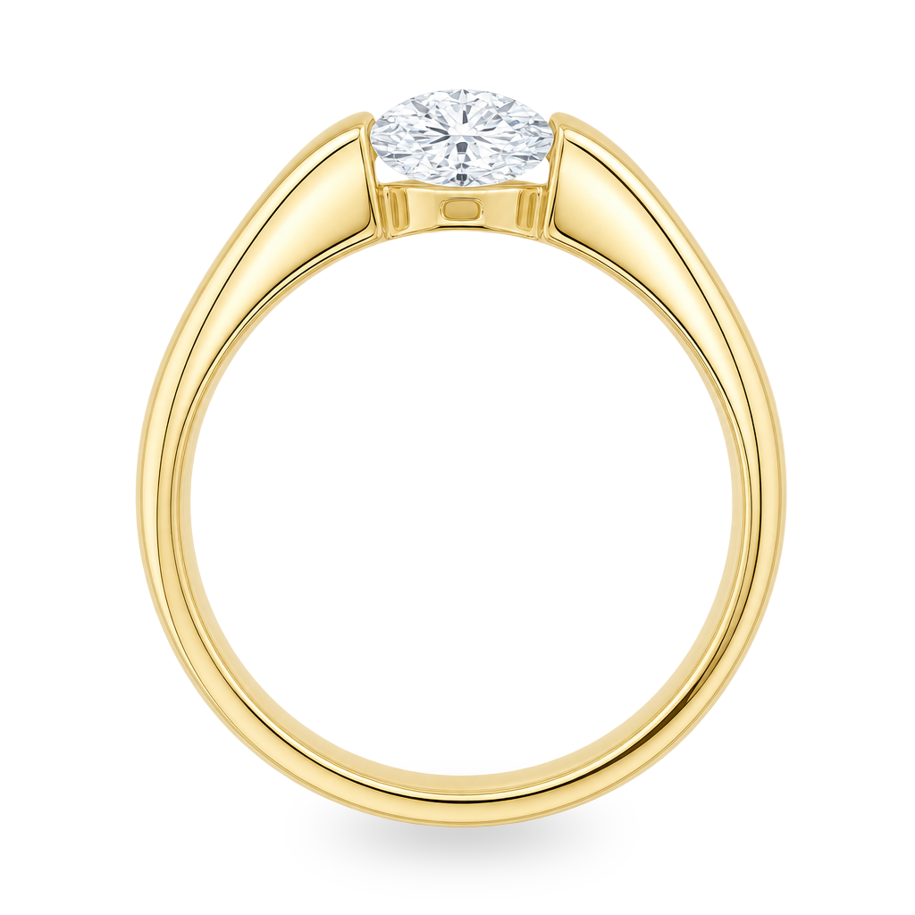 A yellow gold solitaire ring featuring a round brilliant-cut diamond center stone, presented on a clean white background.