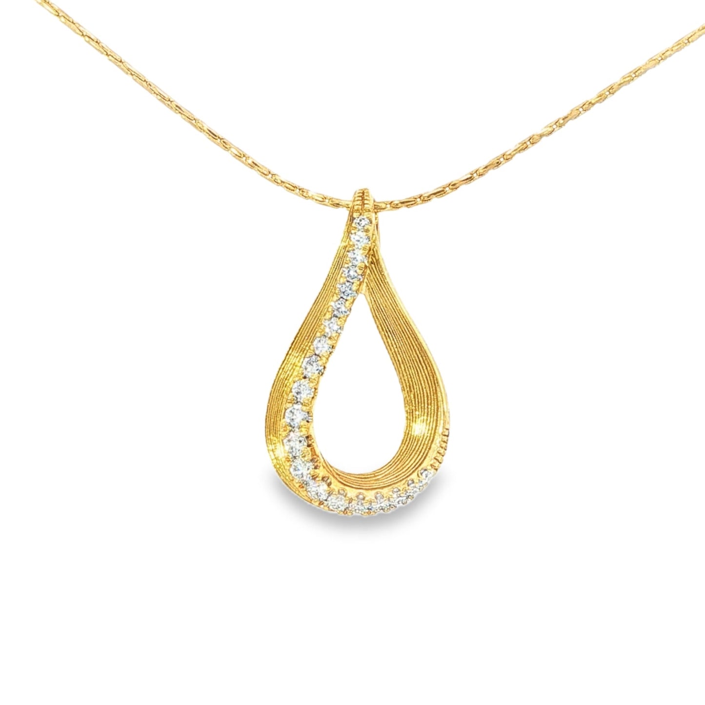 14K Yellow gold teardrop pendant set with graduating round brilliant diamonds. Item J34410 - ABC Jewelry Co. 