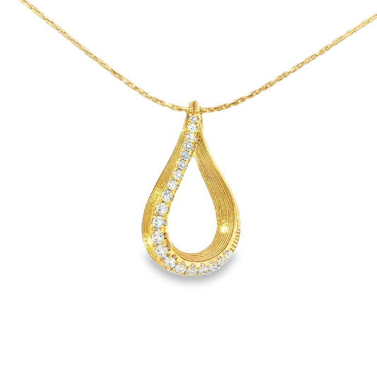 14K Yellow gold teardrop pendant set with graduating round brilliant diamonds. Item J34410 - ABC Jewelry Co. 