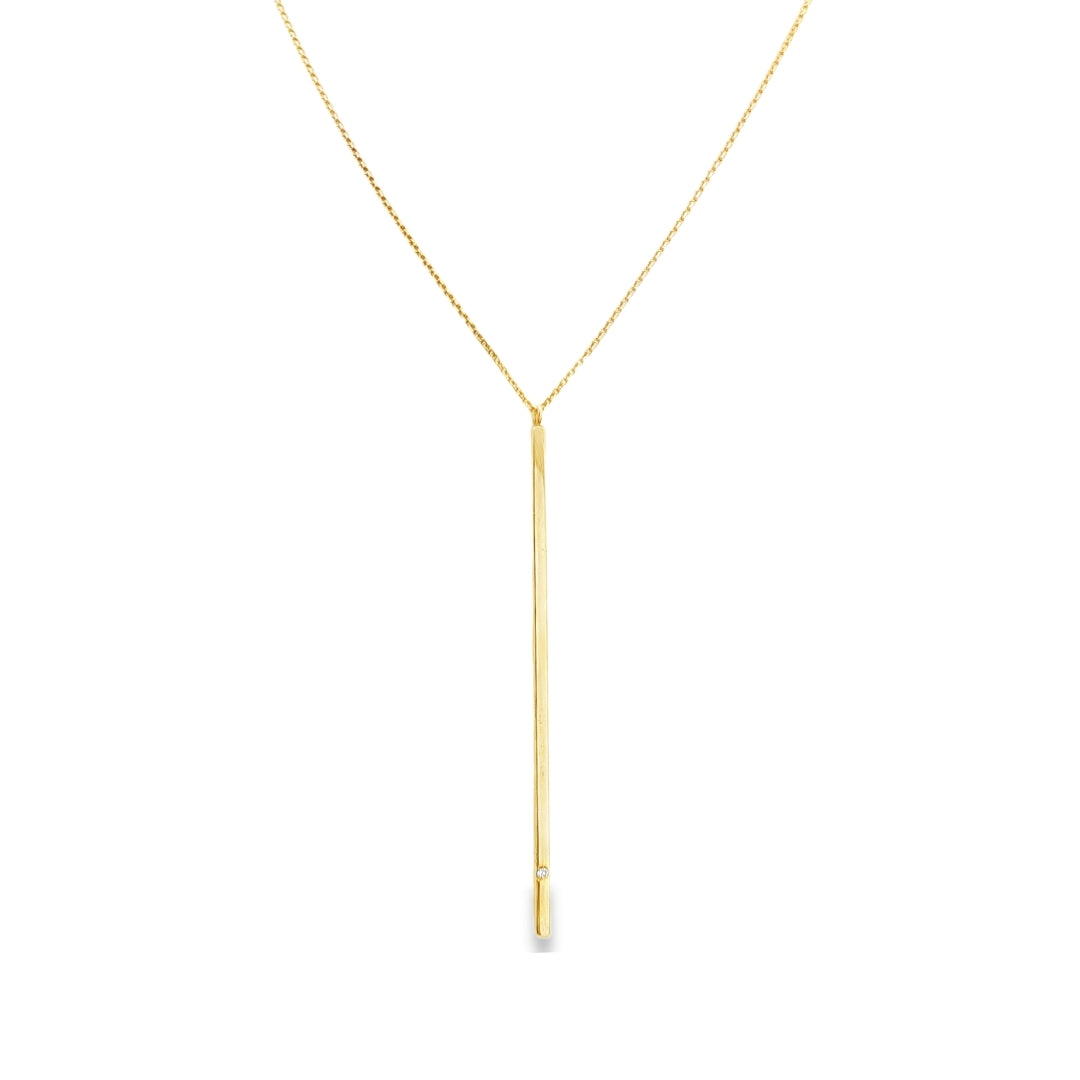 14K Yellow gold necklace with long bar pendant set with one round diamond. Item J34522 - ABC Jewelry Co.