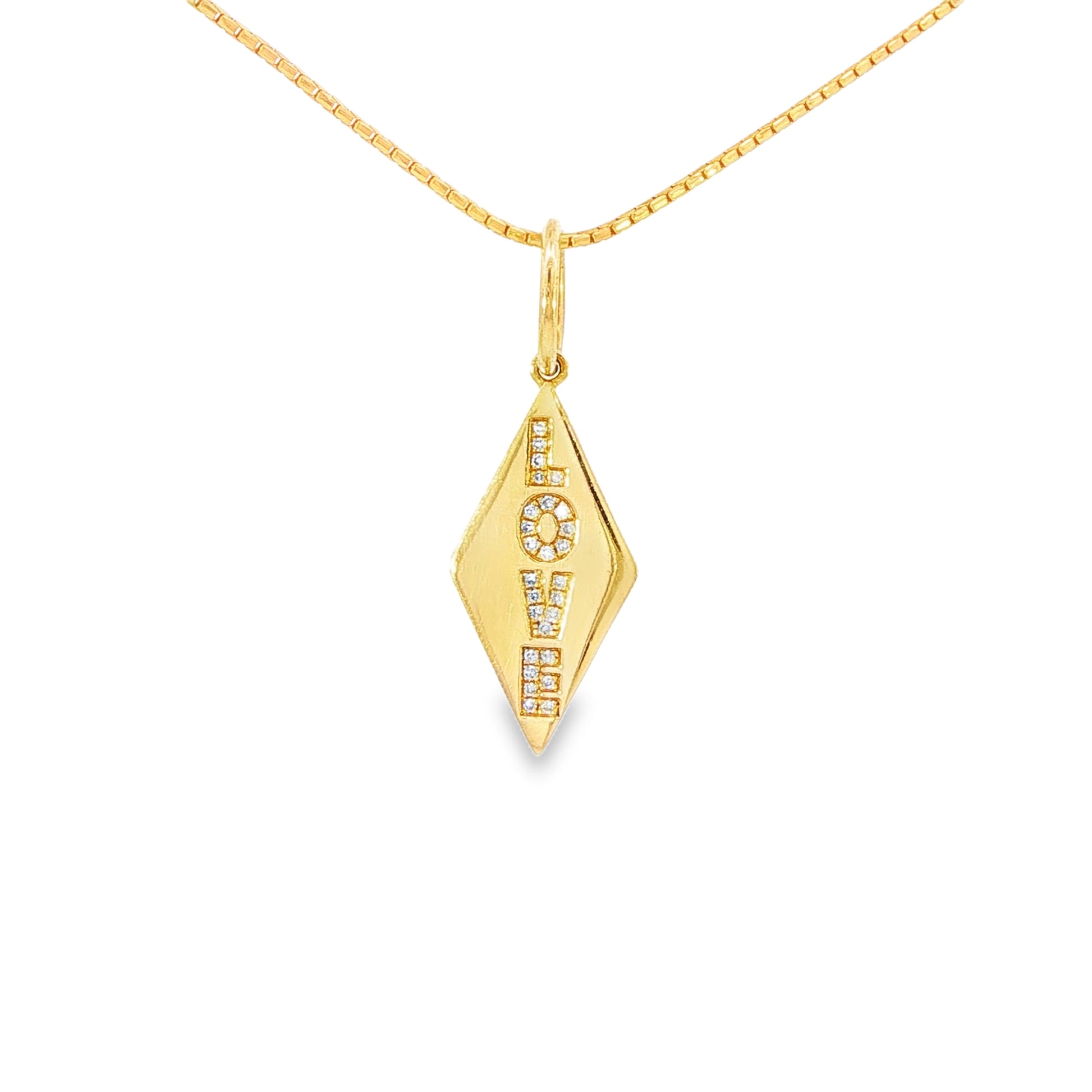 14K Yellow gold "Love" pendant with single cut diamonds set into each letter. Item J35470 - ABC Jewelry Co.
