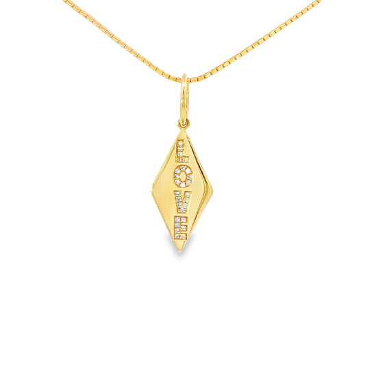 14K Yellow gold "Love" pendant with single cut diamonds set into each letter. Item J35470 - ABC Jewelry Co.