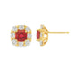 18K Yellow gold earrings set with round red rubies surrounded by a halo of round brilliant diamonds. Item J35757 - ABC Jewelry Co.
