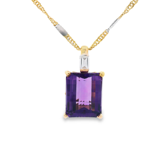 14K Yellow Gold - Amethyst & Diamond Pendant - J37047