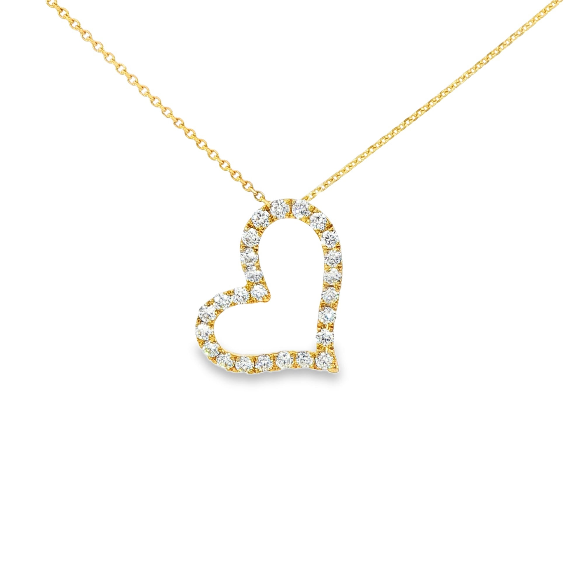 18K Yellow gold heart shaped pendant set with round brilliant diamonds. Item J37108 - ABC Jewelry Co.