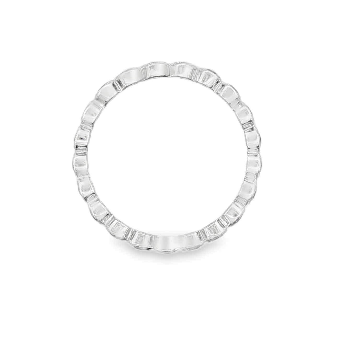 14K White gold eternity band bezel set with round blue sapphires. Item J37389 - ABC Jewelry Co. 
