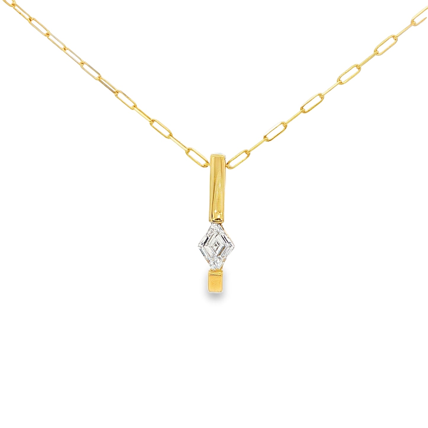 14K Yellow gold necklace with a paper clip chain and bar pendant set with a lozenge cut diamond. Item J37438 - ABC Jewelry Co. 