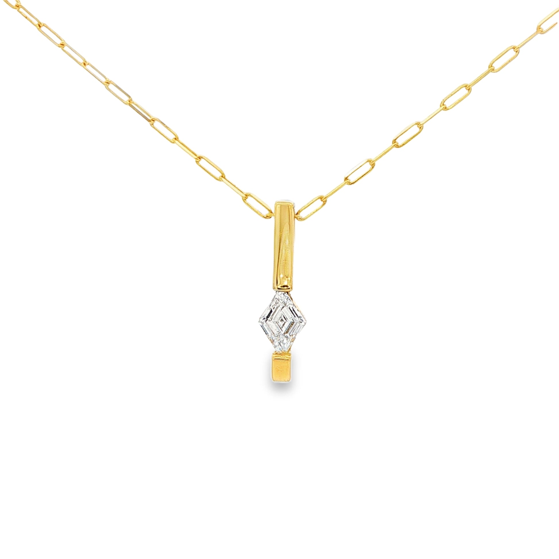 14K Yellow gold necklace with a paper clip chain and bar pendant set with a lozenge cut diamond. Item J37438 - ABC Jewelry Co. 