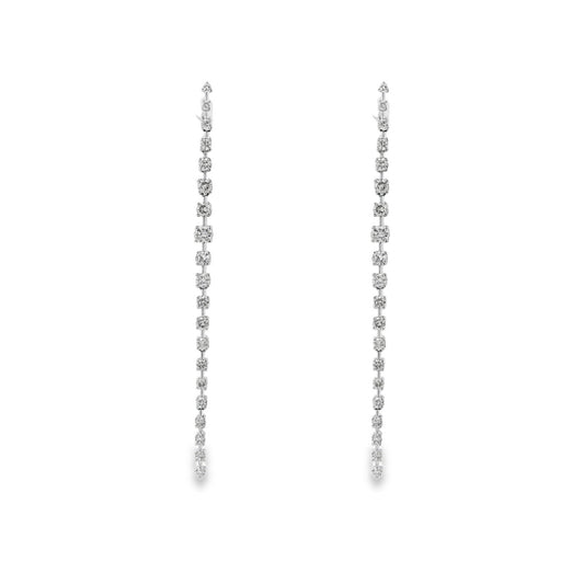14K White gold long dangle earrings set with round brilliant diamonds. Item J37457 - ABC Jewelry Co