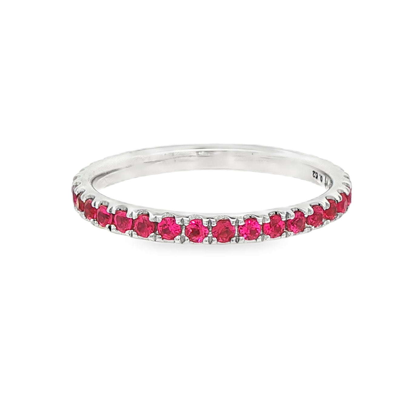 18K White gold eternity band set with brilliant cut rubies. Item J37475 - ABC Jewelry Co. 