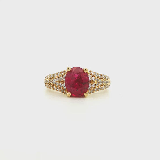 18K Yellow gold red ruby ring with pave diamond band. Item J36290 - ABC Jewelry Co. 