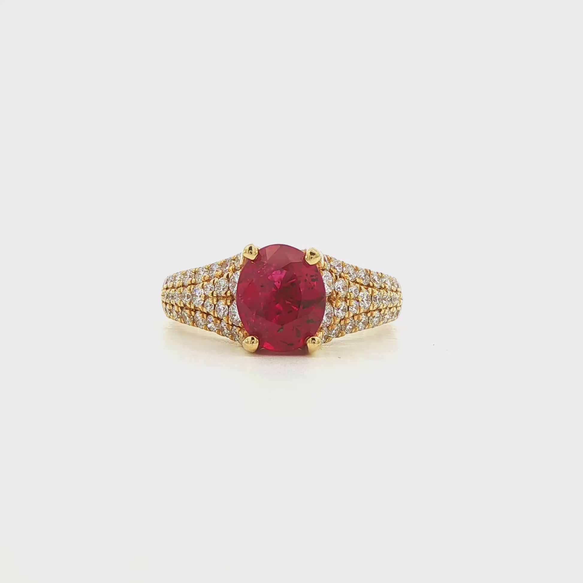 18K Yellow gold red ruby ring with pave diamond band. Item J36290 - ABC Jewelry Co. 