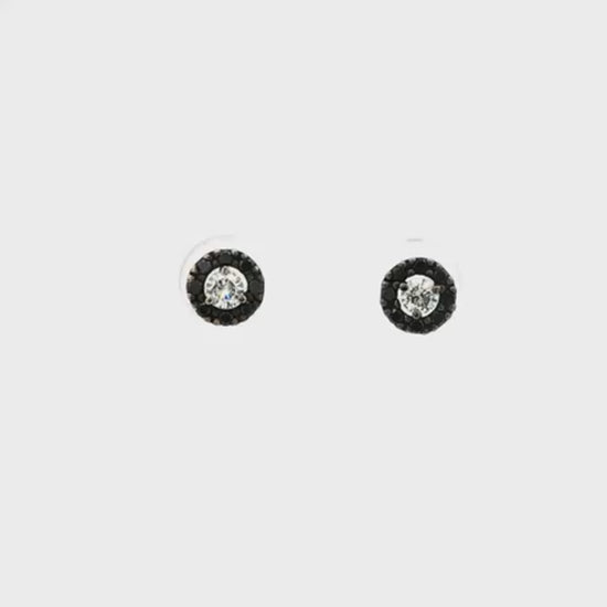 14K White gold earring with round brilliant diamond center stone surrounded by a black diamond halo. Item 19175 - ABC Jewelry Co.