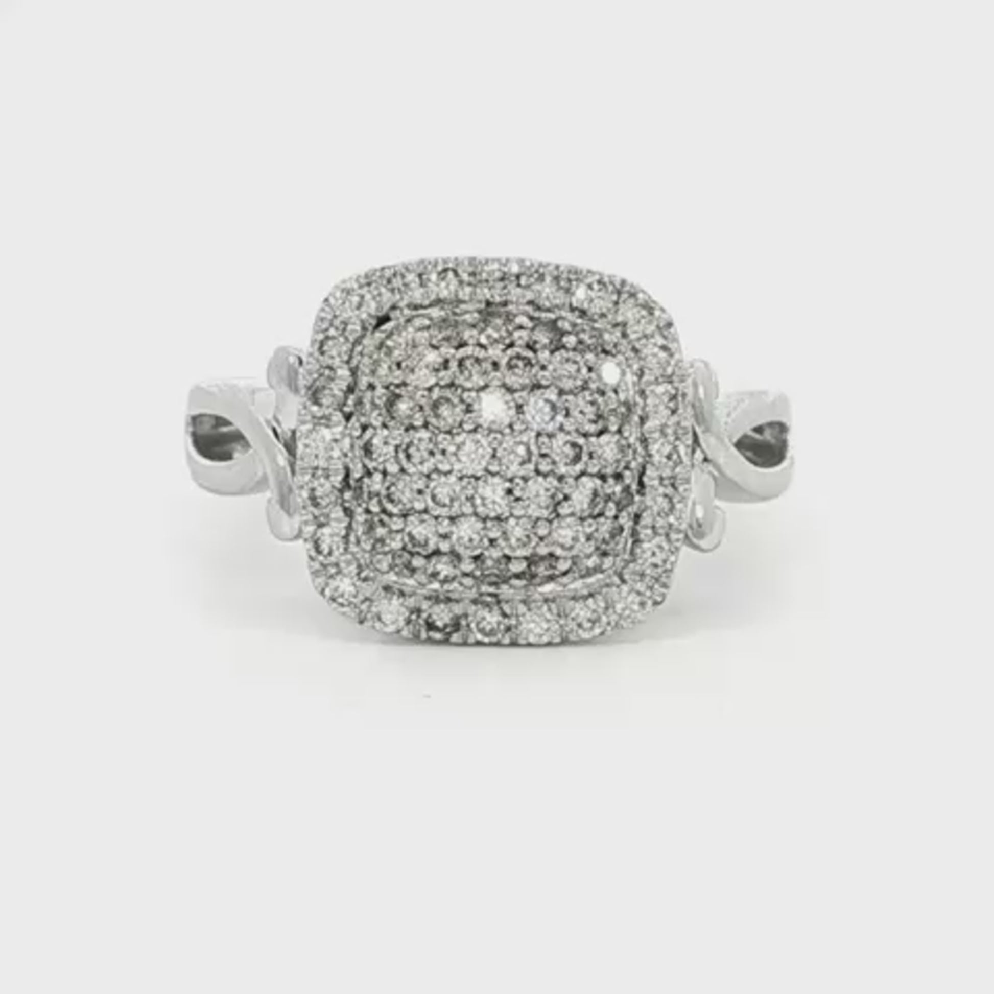 14K White gold cushion shaped pavé diamond cluster ring. Item 19639 - ABC Jewelry Co