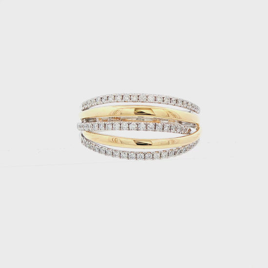 14K Yellow and white gold multi-band fashion ring, with alternating rows set with round brilliant diamonds. Item J38776 - ABC Jewelry Co. 