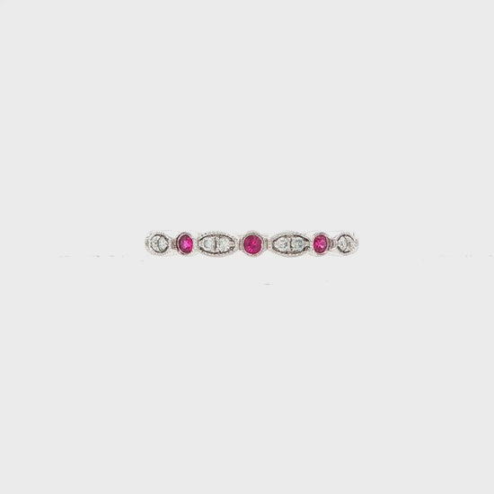 14K White gold band set with round brilliant natural mined diamonds and rubies. Item 17459 - ABC Jewelry Co.