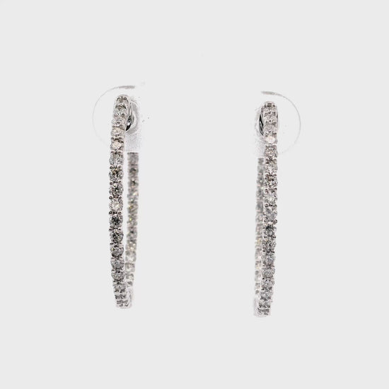 18K White gold delicate hoop earrings set with round brilliant diamonds - item J35792, ABC Jewelry Co