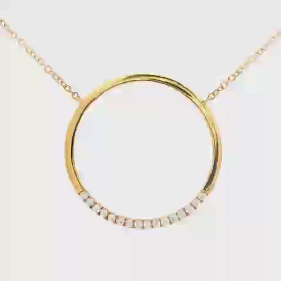 18K Yellow gold diamond necklace with diamond set circular pendant. Item J35008 - ABC Jewelry Co.