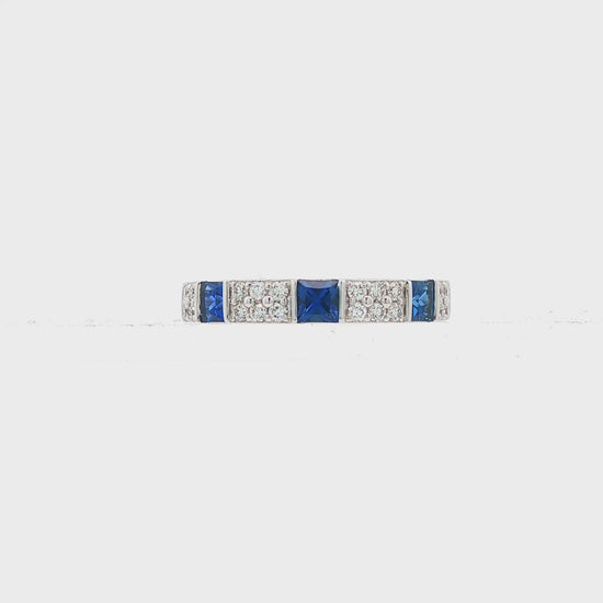 18K White gold band with square cut sapphires and row of round brilliant diamonds. Item J38783 - ABC Jewelry Co. 
