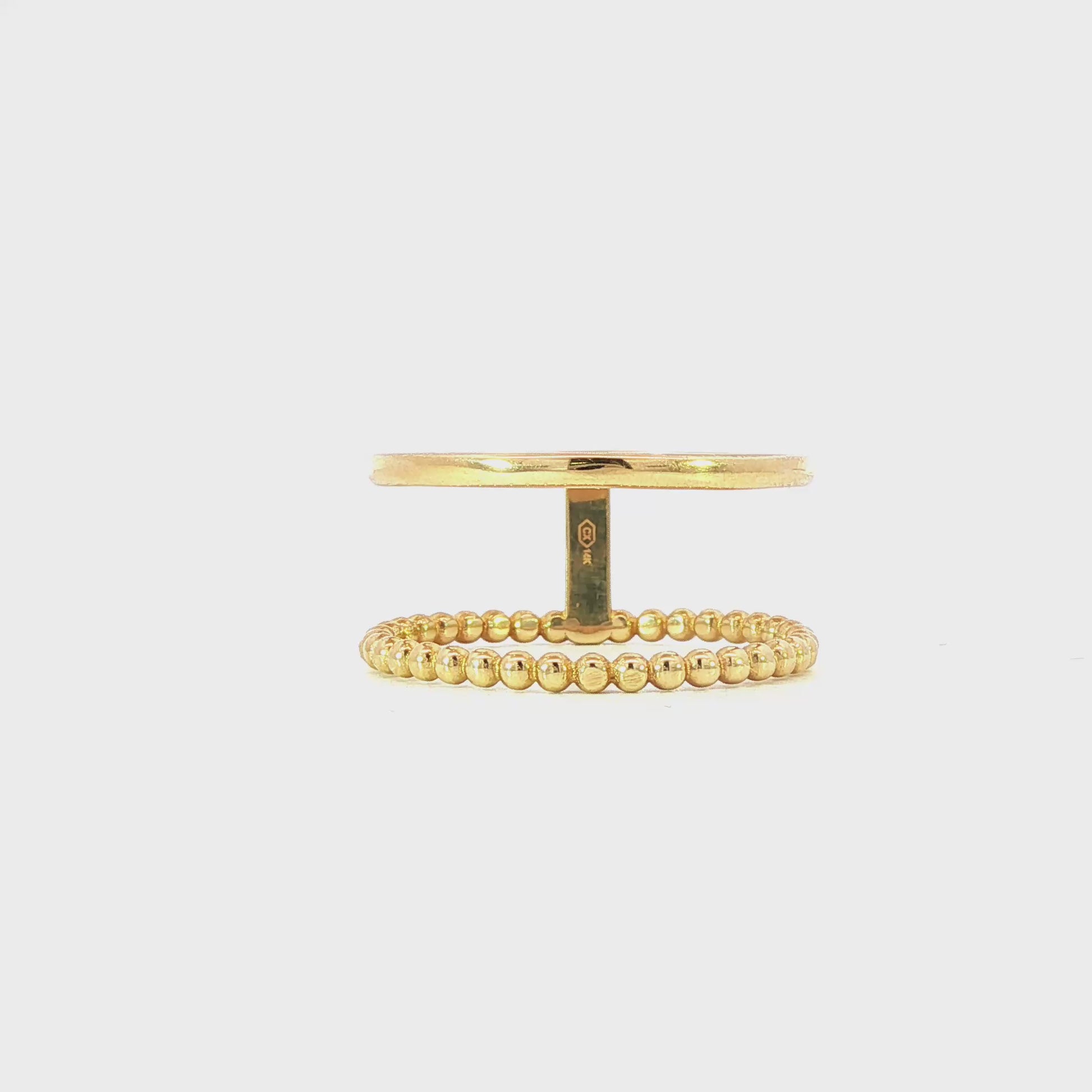 14K Yellow gold double band ring, one beaded band and one polished band connected with a bar. Item J36433 - ABC Jewelry Co.
