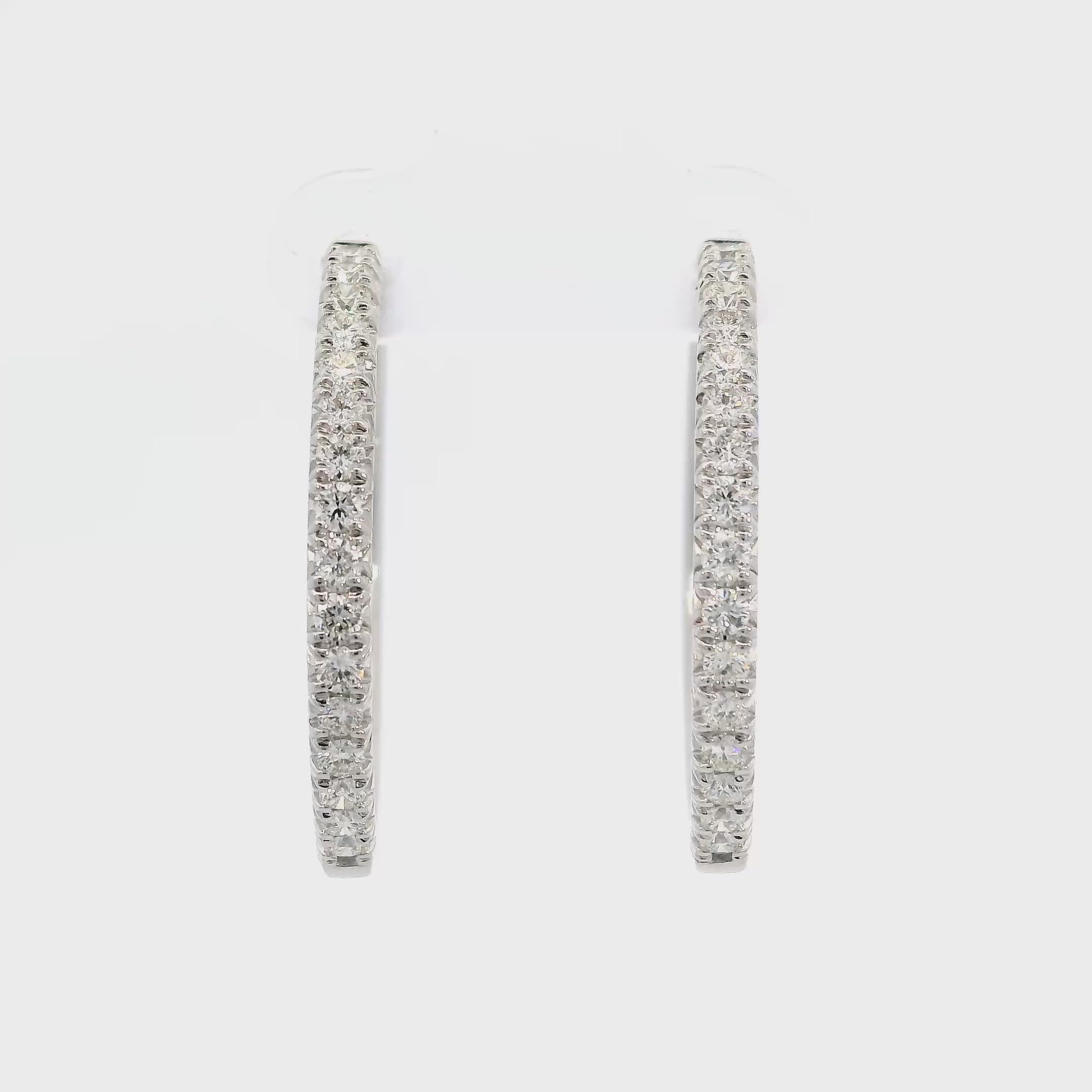 18K White gold hoop earrings set with round brilliant diamonds, item J37593 - ABC Jewelry Co.