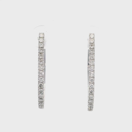 18K White gold oval hoop earrings set with natural mined diamonds, item J37696 - ABC Jewelry Co