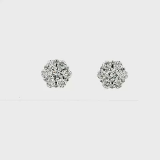 18K White gold earrings with a cluster of round brilliant diamonds. Item J37097 - ABC Jewelry Co.