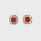 18K Yellow gold earrings set with round red rubies surrounded by a halo of round brilliant diamonds. Item J35757 - ABC Jewelry Co.
